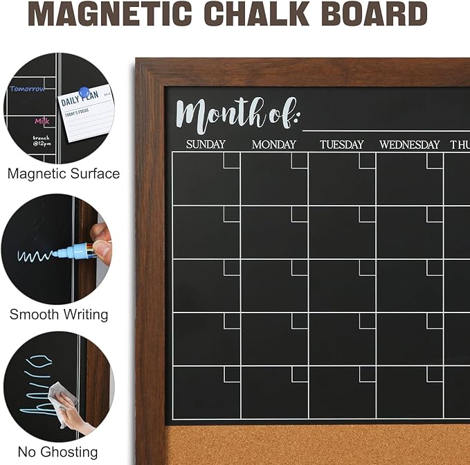 4 THOUGHT Chalkboard Calendar Corkboard Combo, 18" x 24" Bulletin Board Magnetic Calendar Chalkboard for Wall Combination Board Monthly Planner Rustic Brown Frame 4 Markers 8 Magnets 10 Pushpins
