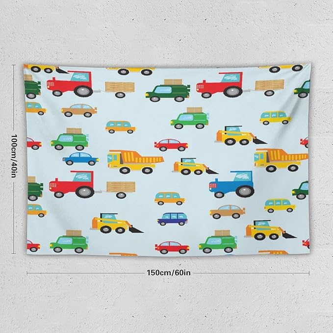 ZhiRain Cartoon Cars Print Tapestry Wall Hanging for Kids Room Cartoon Shovel And Trucks Blue Tapestries Home Decor for Living Room Bedroom Apartment Farmhouse Dorm 40"x60"