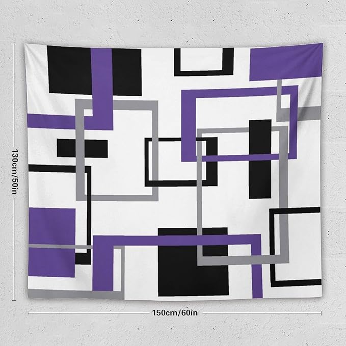 ZhiRain Purple Tapestry Wall Hanging Mid Century Modern Geometric Abstract Lavender Black Grey Square White Backdrop Tapestries Home Decor for Living Room Bedroom Apartment Farmhouse 50"x60"