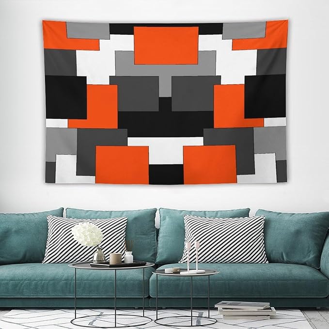 ZhiRain Orange And Black Tapestry Wall Hanging Gray White Geometric Silver Dark Abstract Square Art Tapestries Home Decor for Living Room Bedroom Apartment Farmhouse Dorm 40"x60"