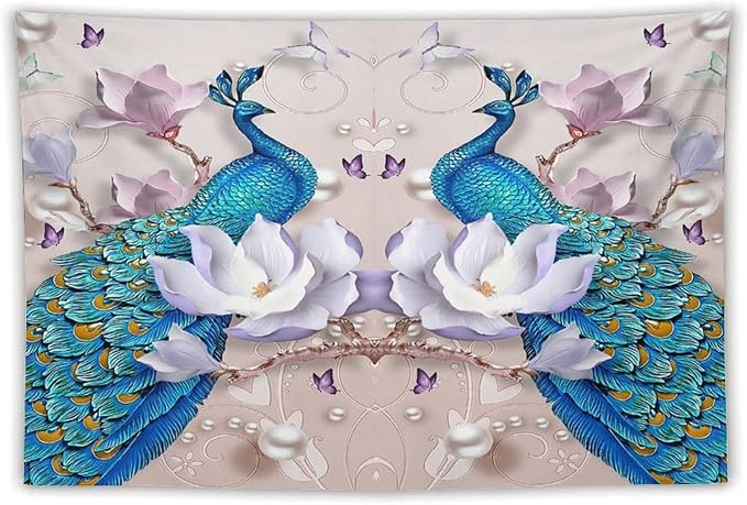 ZhiRain Peacock Tapestry Wall Hanging Beautiful Bird Flower Pearl Watercolor Pattern Print Tapestries Home Decor for Living Room Bedroom Farmhouse Apartment Dorm 40"x60"