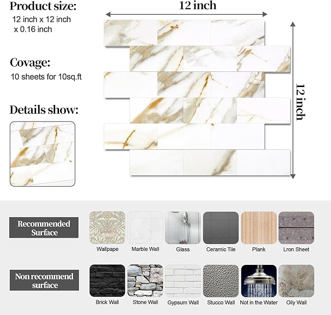 10-Pack Peel and Stick Tile Backsplash 12"X12" PVC Wall Tiles, Stick on Backsplash for Kitchen, Bathroom Tile, Fireplace Décor, Laundry Table, Stair Decals in Cala Golden