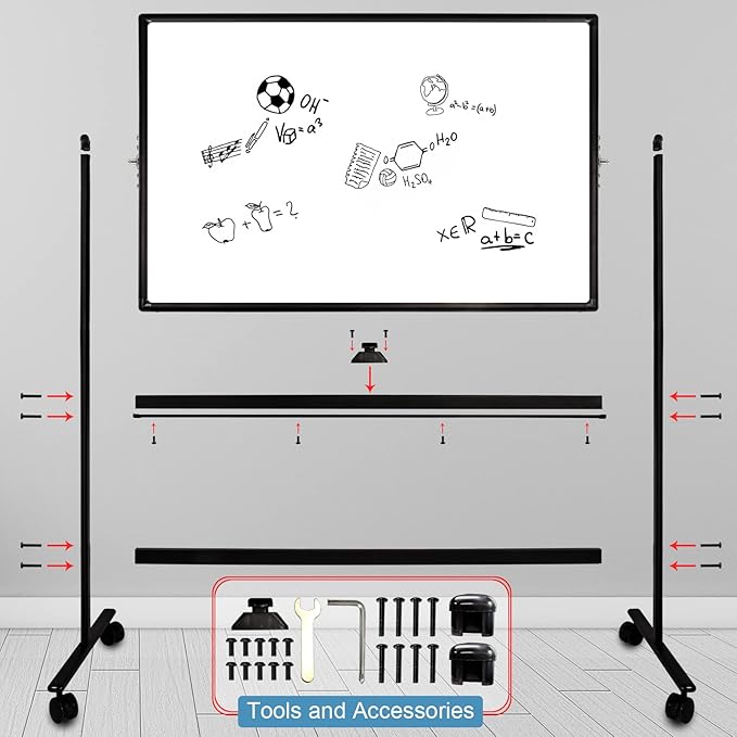 32x48 Inches Industrial-Grade Mobile Dry Erase Whiteboard with Lockable Rolling Stand - Double-Sided Magnetic Whiteboard, Height & Angle Adjustable for Office, Classroom & Workshop Black