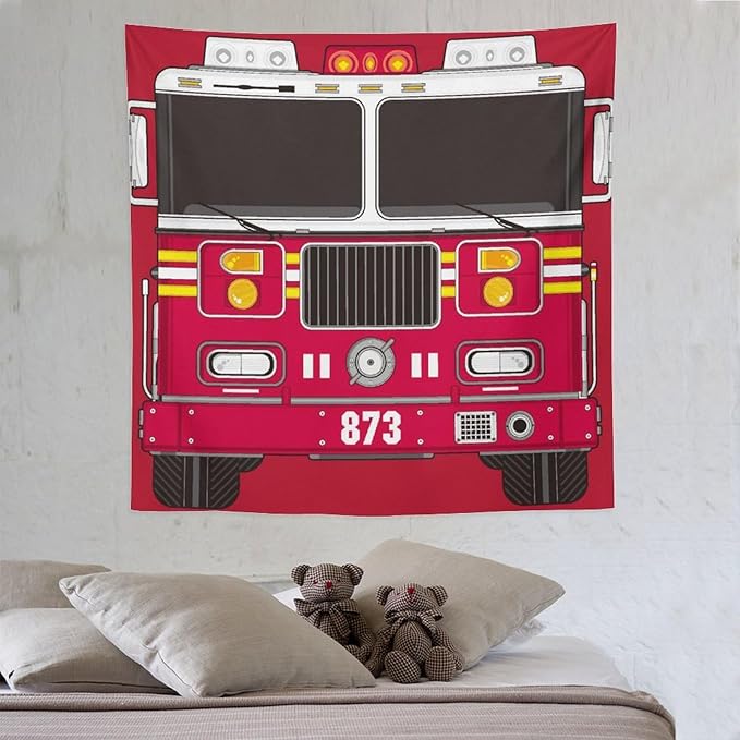 ZhiRain Cartoon Fire Truck Tapestry Wall Hanging Fire Engine Firemen Car Firefighter Truck Fire Fighting Tapestries Home Decor for Living Room Bedroom Apartment Farmhouse Dorm 60"x60"