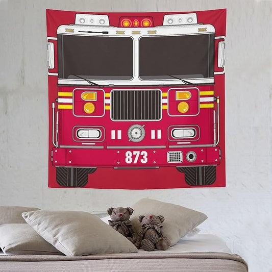 ZhiRain Cartoon Fire Truck Tapestry Wall Hanging Fire Engine Firemen Car Firefighter Truck Fire Fighting Tapestries Home Decor for Living Room Bedroom Apartment Farmhouse Dorm 60"x60"