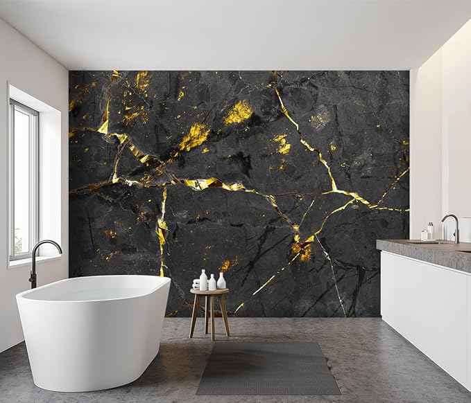 YIHWM -Black and Gold Marbled Fabric Wallpaper Dark Abstraction Art Living Room Bedroom Bathroom Wall Mural- 137"x96"（ not Peel and Stick）