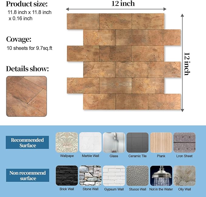 10-Pack Peel and Stick Tile Backsplash 12"X12" PVC Wall Tiles, Stick on Backsplash for Kitchen, Bathroom Tile, Fireplace Décor, Laundry Table, Stair Decals in Copper Metal