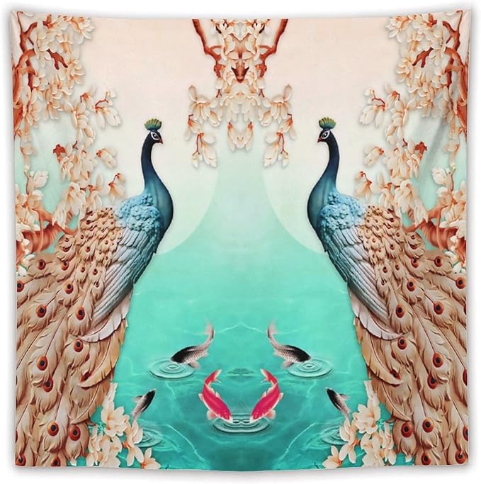 ZhiRain Peacock Tapestry Wall Hanging Retro Floral Elegant Vintage Feather Flower Theme Koi Fish Tapestries Home Decor for Living Room Bedroom Farmhouse Apartment Dorm 60"x60"