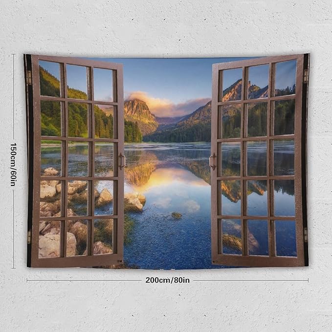 ZhiRain Mountain Scenery Tapestry Wall Hanging Wooden Window View Beautiful Lake Landscape Tapestries Home Decor for Living Room Bedroom Apartment Farmhouse Dorm 60"x80"