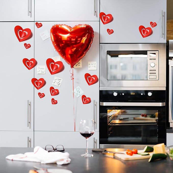 60 Pcs Valentines Day Wall Decorations - 3D Heart Stickers, Waterproof Wall Decals for Home, Bedroom, Wedding, Anniversary, Party, Office, and School Decor (Red)