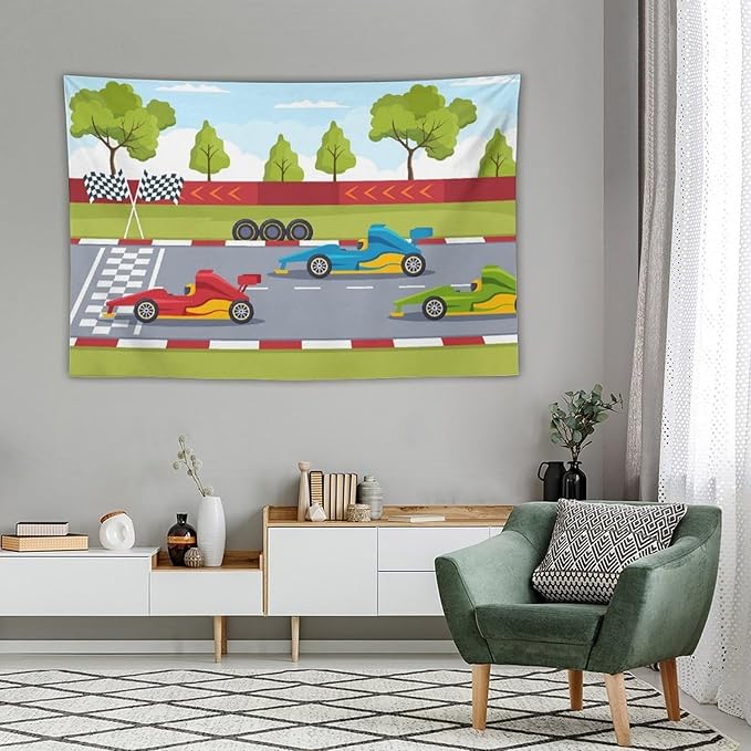 ZhiRain Race Car Tapestry Wall Hanging Cartoon Racing Car Track Formula Racer Sports Finish Line Tapestries Home Decor for Living Room Bedroom Apartment Farmhouse Dorm 40"x60"
