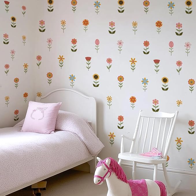 YouRfocus Boho Flower Wall Decals for Nursery & Kids Room – Set of 72 Floral Wall Stickers, Removable Peel and Stick Boho Home Decor, Pastel Wall Art (12 Sheets)