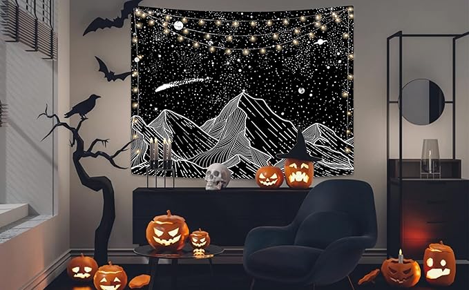 Zussun Black and White Tapestry Starry Night Mountain Tapestries for Bedroom Aesthetic Moon and Stars Tapastry's Wall Hanging Dark Nature Forest Wall Tapestry for Living Room Dorm (Dark, 60'' × 50'')