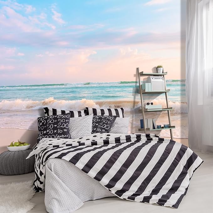 YIHWM -Clear Waves Summer Beach Coastal Scenery Fabric Wallpaper Coastal Islands Living Room Bedroom Bathroom Boys Girls Kids Room Large Mural- 183"x120"（ not Peel and Stick）