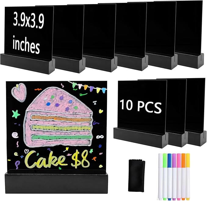 10 Pack Food Labels for Party Buffet with Wooden Stands, Acrylic Mini Chalkboard Signs, 3.9x3.9 inch Blank Black Acrylic Table Signs for Outdoor Wedding Table Numbers, Reserved, Cafe, Menu (Black)