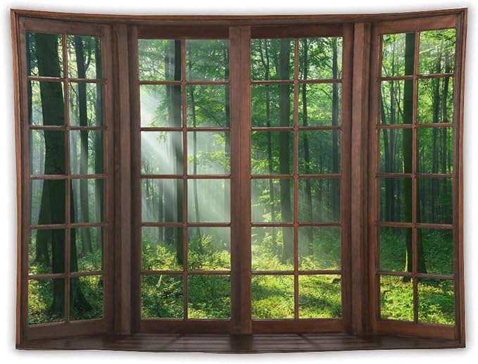 ZhiRain Forest Tapestry Wall Hanging Green Tree Full Scenery Window Jungle Wild Nature Landscape Print Tapestries Home Decor for Living Room Bedroom Apartment Farmhouse Dorm 60"x80"