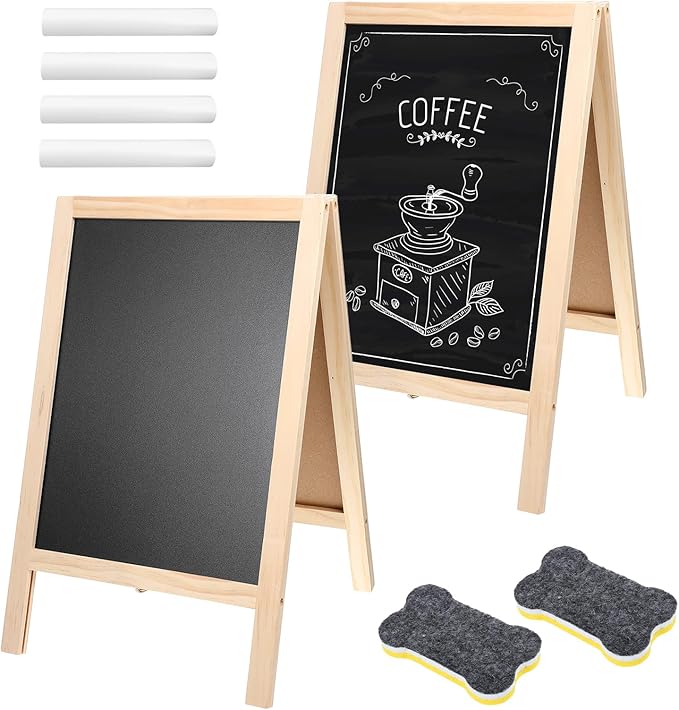 2 Pcs 15.7 x 9.8 Inch Small Chalkboard Signs Chalkboard Easel Tabletop Menu Wooden A Frame Sandwich Board Double Sided with 2 Erasers for Bar Wedding Parties Display Home Decor Sidewalk (Wooden)