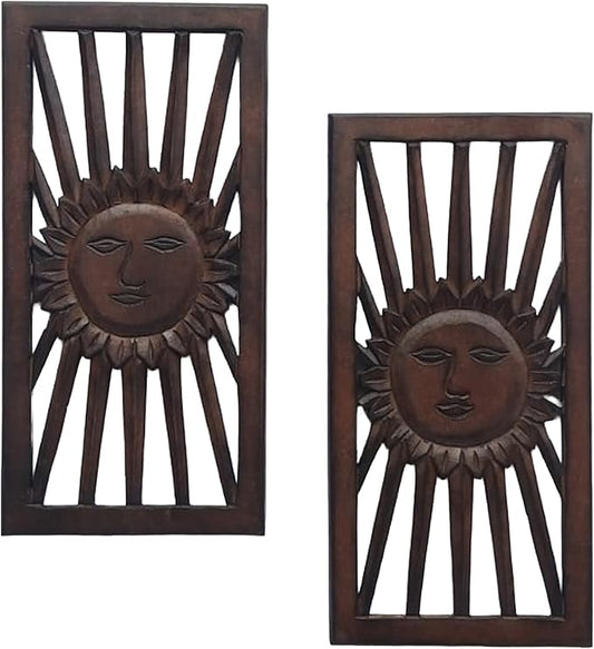 Wood Wall Art -Wall Panels in Handcrafted Carved Wood For Livingroom Bedroom,Dining room,Elegant Decorative Wall Art for Home & Office 8x16" Set of 2 Burnt Brown_Sun Burst Designs
