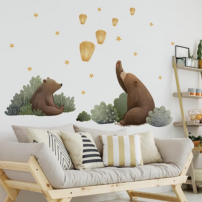 Animal Bear Moon Stars Wall Decal,Removable Cute Animal Bear Wall Sticker for Nursery Kid Baby Bedroom Living Room Playing Room Murals