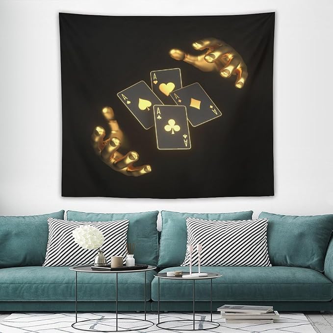 ZhiRain Poker Theme Tapestry Wall Hanging Modern Black Gold Playing Cards Art Printed Tapestries Home Decor for Living Room Bedroom Farmhouse Apartment Dorm 50"x60"