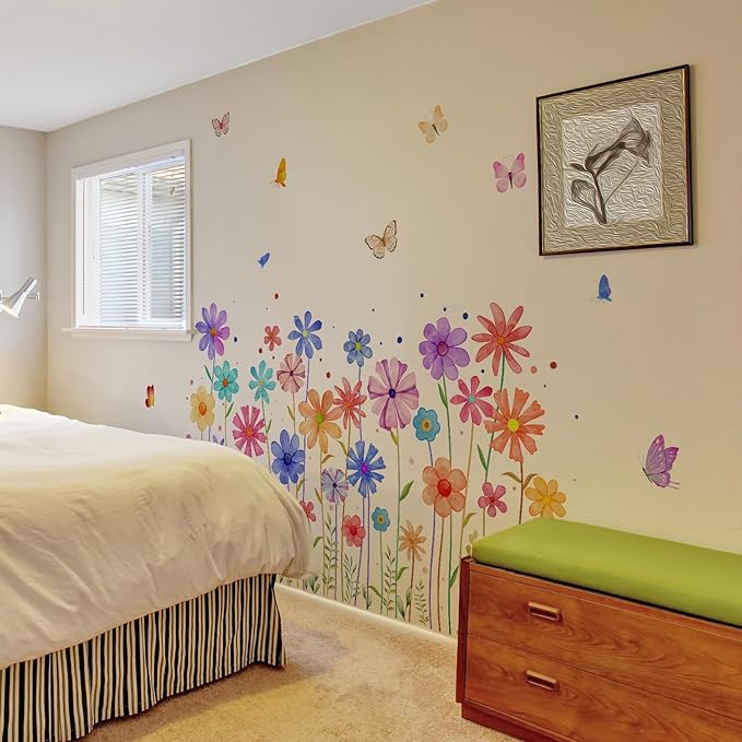 3 Pieces Colorful Flowers Wall Decals Vinyl Colorful Flowers Wall Stickers Removable Floral Art Murals Peel and Stick Colorful Decor for Girls Bedroom Living Room Nursery
