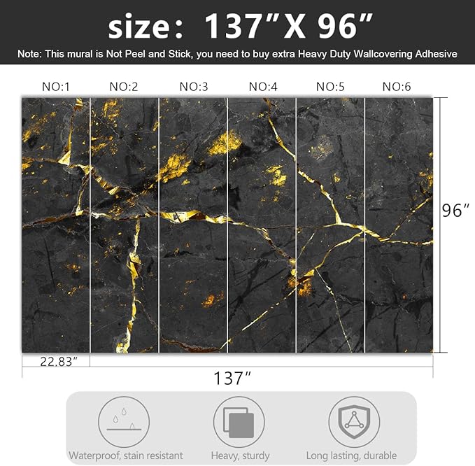 YIHWM -Black and Gold Marbled Fabric Wallpaper Dark Abstraction Art Living Room Bedroom Bathroom Wall Mural- 137"x96"（ not Peel and Stick）