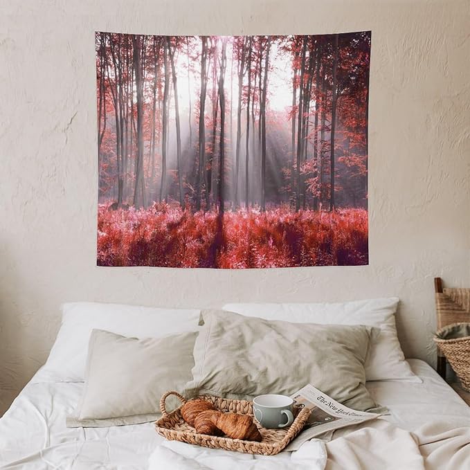 ZhiRain Red Forest Tapestry Wall Hanging Season Foggy Nature And Enchanted Woods Wild Trees Print Tapestries Home Decor for Living Room Bedroom Apartment Farmhouse Dorm 50"x60"