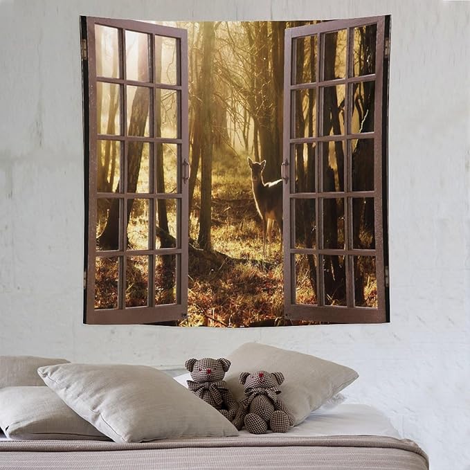ZhiRain Forest Tapestry Wall Hanging Natural Forest And Deer at Sunset Pattern Tapestries Home Decor for Living Room Bedroom Apartment Farmhouse Dorm 60"x60"
