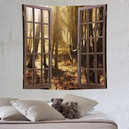 ZhiRain Forest Tapestry Wall Hanging Natural Forest And Deer at Sunset Pattern Tapestries Home Decor for Living Room Bedroom Apartment Farmhouse Dorm 60"x60"