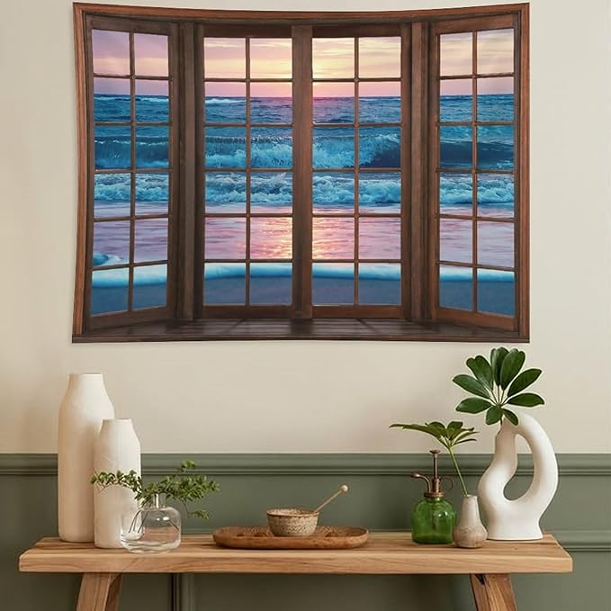 ZhiRain Landscape Tapestry Wall Hanging Beach Sand Ocean Waves Seaside Brown Window View Tapestries Home Decor for Living Room Bedroom Apartment Farmhouse Dorm 40"x60"