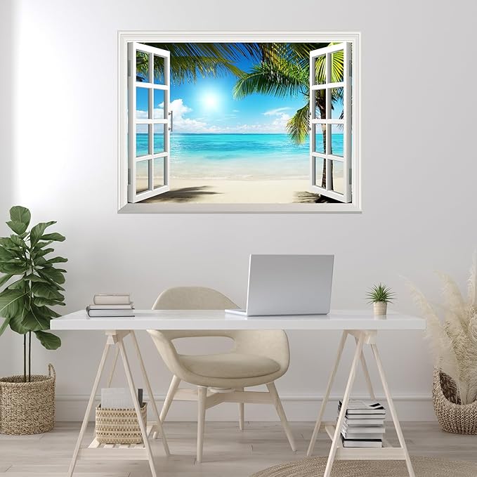 wall26 White Sand Beach with Palm Tree Open Window Wall Mural Removable Sticker Home Decor - 24x32 inches