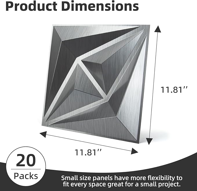 AMZDEPOT 3D Wall Panels for Interior Wall Decor, 3 Layout Options PVC Textured Wall Art Decor for Living Room Bedroom TV Background Gaming Room, 12''x12'', 20 Pcs Silver