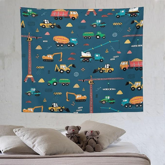 ZhiRain Cartoon Truck Print Tapestry Wall Hanging for Kids Room, Bucket Truck Tapestries Home Decor for Living Room Bedroom Apartment Farmhouse Dorm 50"x60"