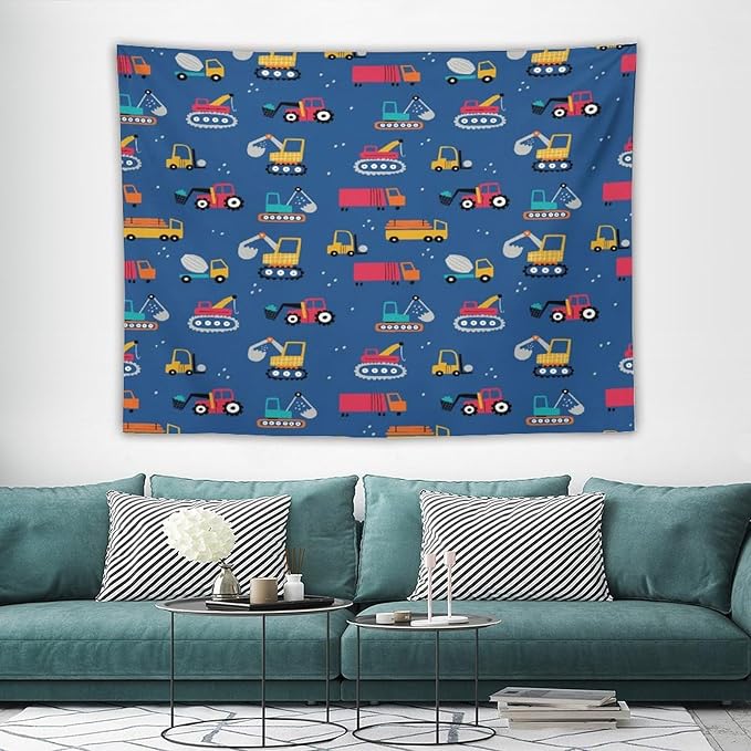 ZhiRain Cartoon Cars Print Tapestry Wall Hanging for Kids Room Cartoon Shovel And Trucks Blue Tapestries Home Decor for Living Room Bedroom Apartment Farmhouse Dorm 60"x80"