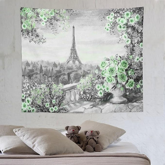 ZhiRain Vintage Paris Tapestry Wall Hanging Eiffel Tower Green Rose Flower Spring Cityscape Gray Tapestries Home Decor for Living Room Bedroom Apartment Farmhouse Dorm 50"x60"
