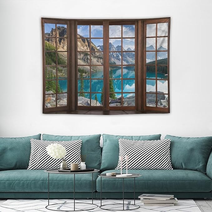 ZhiRain Mountain Landscape Tapestry Wall Hanging Nature Scenery Lake Pine Tree Forest Blue Sky Through Brown Window Tapestries Home Decor for Living Room Bedroom Apartment Farmhouse 30"x40"