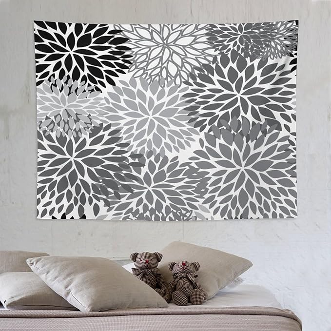 ZhiRain Black Grey Floral Tapestry Wall Hanging Boho Dahlia Chrisanthemum Flowers Pattern Tapestries Home Decor for Living Room Bedroom Farmhouse Apartment Dorm 60"x80"