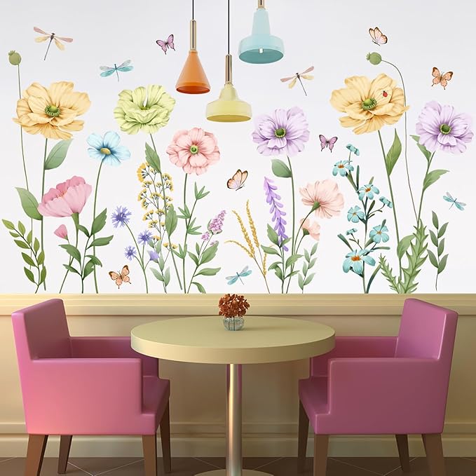 Watercolor Poppy Flower Wall Decals Garden Floral Wall Stickers Colorful Wildflower Butterfly Wall Art Decor Removable Boho Wisteria Peel and Stick Wall Murals for Kids Bedroom Nursery Home Decoration