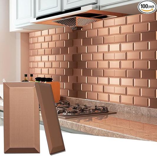 Art3d 100 Pcs Peel and Stick Backsplash Tiles, 3D Textured Metal Stick On Subway Wall Tiles for Kitchen Back Splashes, Bathroom, Laundry Room, 3 x 6 Inch, Copper