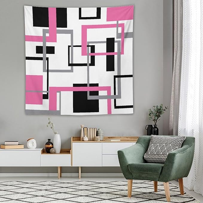 ZhiRain Pink Tapestry Wall Hanging Modern Geometric Abstract Pink Grey White Background Mid Century Square Tapestries Home Decor for Living Room Bedroom Apartment Farmhouse Dorm 60"x60"