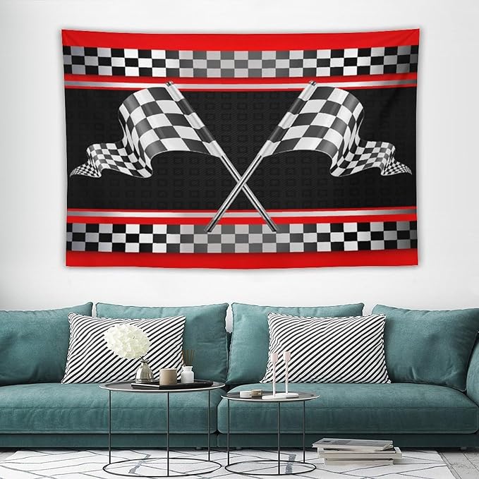 ZhiRain Race Car Flag Tapestry Wall Hanging Abstract Modern Art Racing Car Black White Checked Flag Tapestries Home Decor for Living Room Bedroom Apartment Farmhouse Dorm 60"x90"