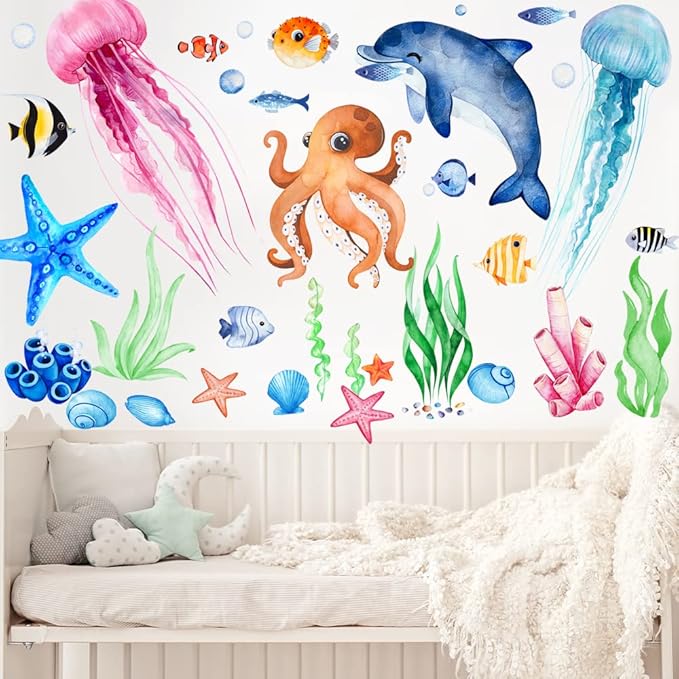 4 Sheets Ocean Fish Wall Decals Stickers Sea Wall Decal Stickers Removable Sea Life Marine Animal Sticker Underwater Ocean Creatures Decor for Kids Girls Boy Nursery Bedroom Bathroom