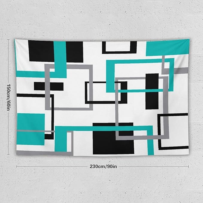 ZhiRain Teal Tapestry Wall Hanging Mid Century Modern Turquoise Abstract Aqua Black Grey Geometric White Backdrop Tapestries Home Decor for Living Room Bedroom Apartment Farmhouse 60"x90"