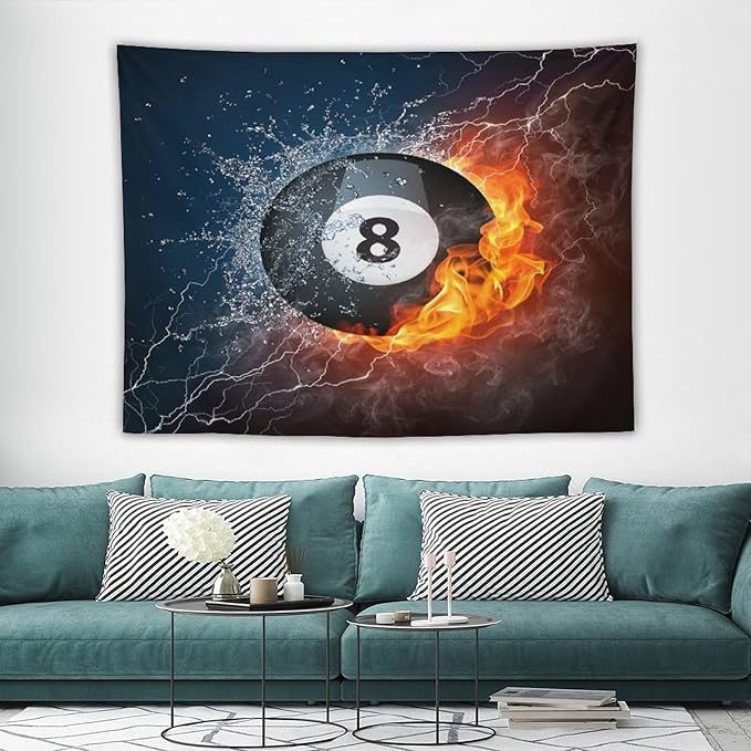 ZhiRain Teen Billiards Tapestry Wall Hanging Abstract Fire Water Black Billiard Eight Ball Tapestries Home Decor for Living Room Bedroom Farmhouse Apartment Dorm 60"x80"