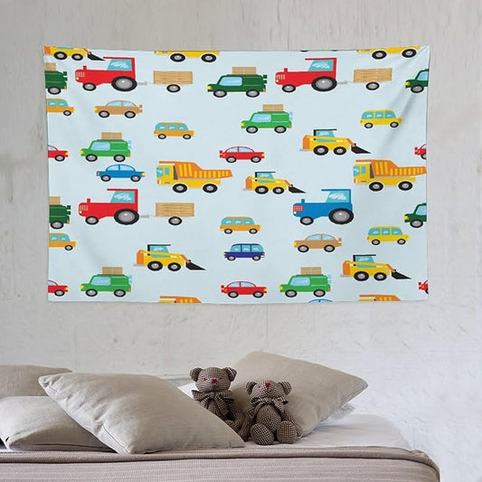 ZhiRain Cartoon Cars Print Tapestry Wall Hanging for Kids Room Cartoon Shovel And Trucks Blue Tapestries Home Decor for Living Room Bedroom Apartment Farmhouse Dorm 40"x60"