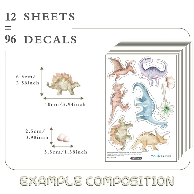 YouRfocus Dinosaur Wall Decals, Animal Boys Bedroom Wall Stickers 96 Decals, Removable Decor Peel and Stick Nursery Kids Room Playroom Vinyl Murals DIY Decorations (12 Sheets)