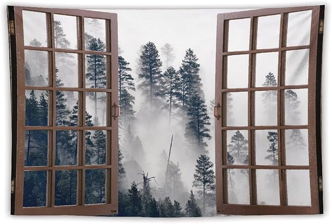 ZhiRain Misty Forest Landscape Tapestry Wall Hanging Wooden Window Forest Mountain Tree Scenery Tapestries Home Decor for Living Room Bedroom Apartment Farmhouse Dorm 40"x60"