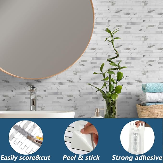 Yipscazo 2026 New Upgrade Peel and Stick Stone Metal Backsplash, PVC Wall Tiles Stick on Tiles for Backsplash Kitchen, Bathroom, Fireplace (20 Sheets, Marble White)