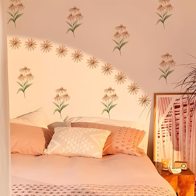 YouRfocus Daisy Wall Decals | Boho Flower Stickers for Girls' Rooms, Playrooms, Nurseries | Dual Layer Print for High Coverage | Removable Peel and Stick (Light Purple & Orange) | 6 Sheets