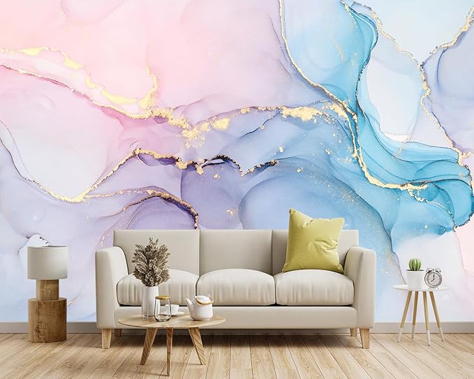 YIHWM -Coloured Marbled Fabric Wallpaper Abstraction Golden Art Living Room Bedroom Bathroom Wall Mural- 160"x108"（ not Peel and Stick）